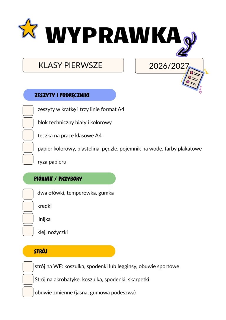 Wyprawka szkolna Szkoła podstawowa Dokument kolorowy ilustrowany styl